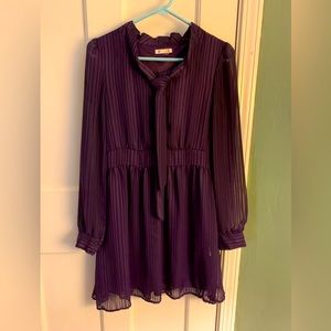 Striped purple Tulle dress with neck-tie and sheer long-sleeves